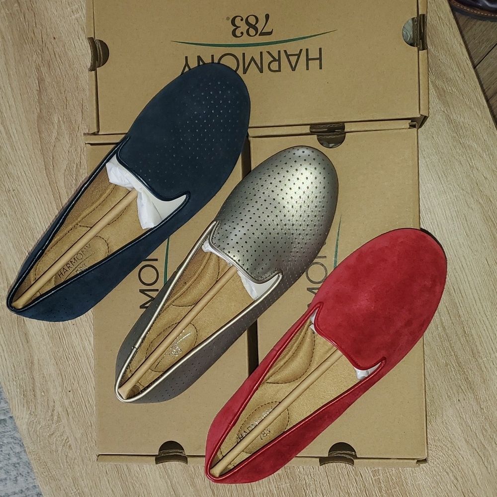 NWT Harmony 783 loafers. Red size8, silver size 8, navy 9. All 3 Pairs Incuded